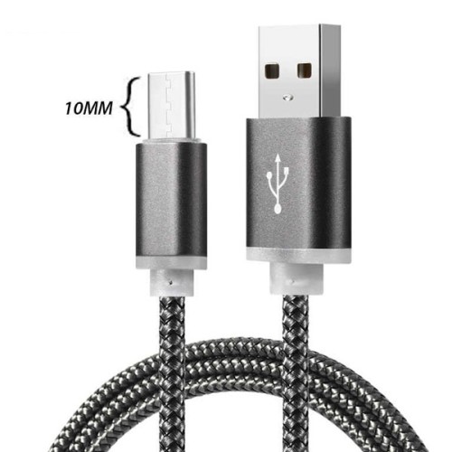 Adatátvitel adatkábel és töltő (USB - Type-C speciális, 10 mm hosszított fej, 100cm, cipőfűző minta) szürke